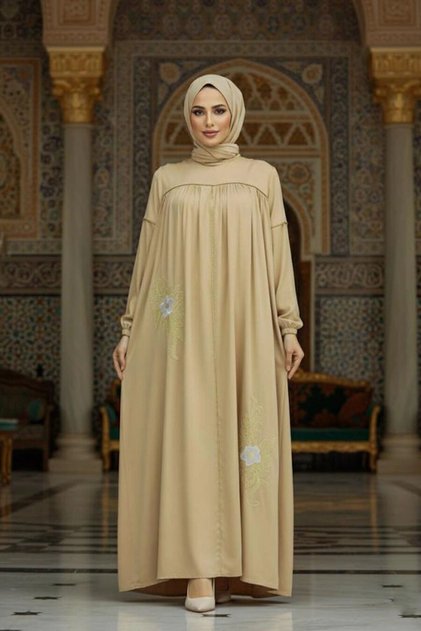 Patterned Beige Hijab Dress 8999Bej