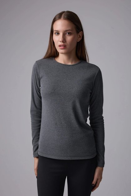 Women's Crew Neck Long Sleeve Regular Fit Basic T-Shirt Anthracite