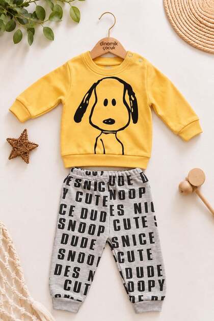 Baby Boy Front-Back Dog Printed Sweatshirt and Lettered Sweatpants 2-Piece Set 3-6-9-12 Months