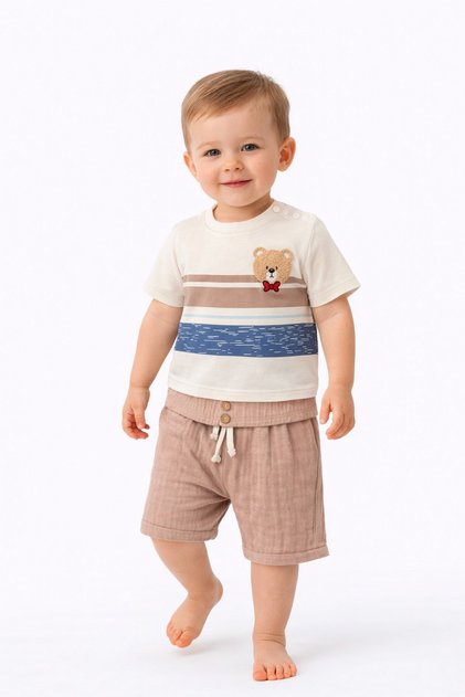 Baby Boy Teddy Bear Embroidered Striped T-Shirt - 2-Piece Set with Muslin Shorts 95% Cotton Summer Top and Bottom Set (6