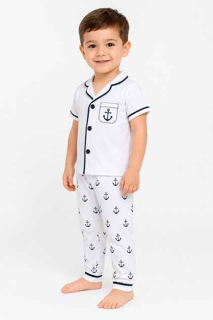 Boy/Baby Sailor Patterned Short Sleeve Summer Pajama Set 2-Piece Top and Bottom 6-24 Months 3-6 Years