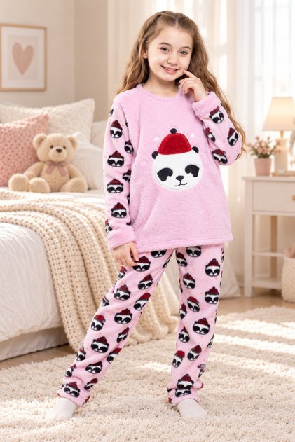 Girls' Long Sleeve Fleece Plush Fabric Winter Warm Pajama Set 8068
