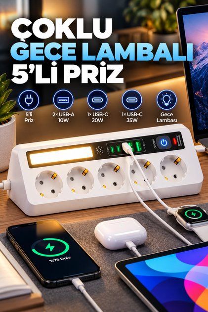 5'li Topraklı Çoklu Priz 2500W | 2 USB + 2 Type-C Hızlı Şarj | Dokunmatik 3 Kademeli LED Gece Lambası | 2 Metre Kablo | Duvara ve Masa Altı Asılabilir Grup Priz Uzatma