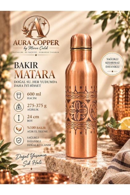 Heavy Hand-Embroidered Copper Flask 600 ml – Handmade Water Bottle with Lid 24 cm