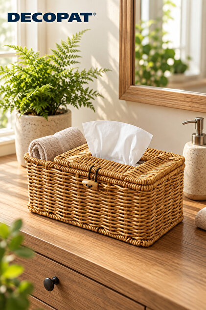 Natural rattan-look wicker makeup, jewelry, and towel organizer with dividers and lid – multi-purpose desktop organizer basket with napkin holder