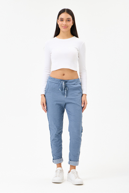Women's Blue Italian Lycra Trousers with Side Stripes, Sizes 38 - 46