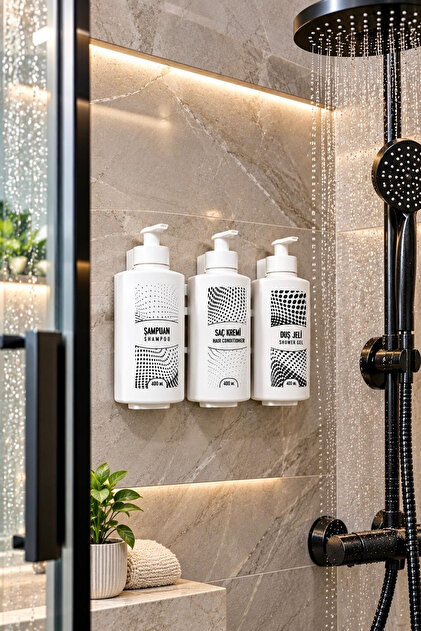 Asmalı Kilitli Aparatlı 3 Adet 3 Lü Banyo Seti Şampuan Duş Jeli Ve Saç Kremi Plastik Şişesi 400 ml