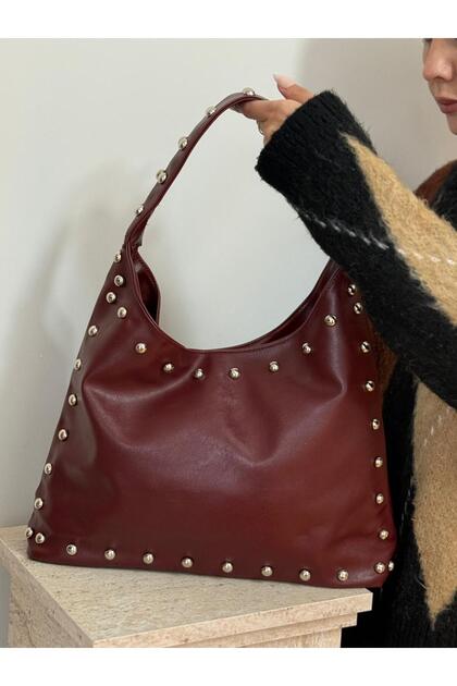 Women's Burgundy Lilac Model Casual Faux Leather Shoulder Bag with Staple Detail