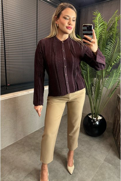 Burgundy Knitwear Cardigan with Lurex Fine Weaving Detail