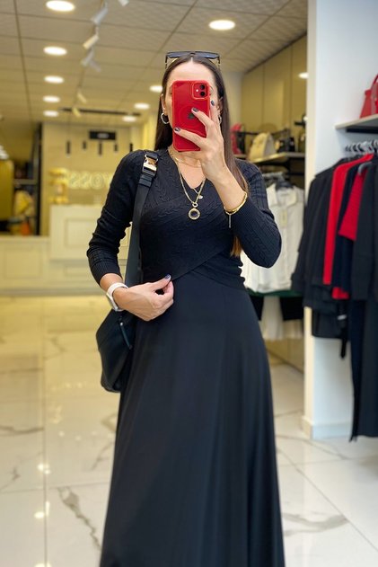 On Fashıon Siyah V Yaka Triko Uzun Kollu Crop Kazak