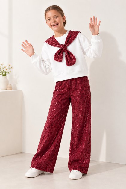Girl's Sequined 2-Piece Set Burgundy Sequined Stylish Blouse Pants Special Occasion Party Combination