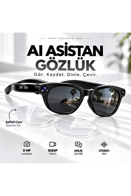 Akıllı AI Gözlüğü 8MP Kamera 1080P HD Video Bluetooth 5.3 Yapay Zeka Sesli Asistan ve Çeviri Özelliği