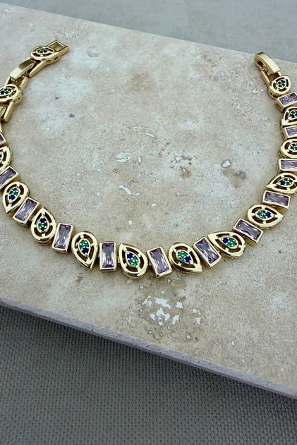 Yeşil ve Pembe Zirkon Taş İşlemeli Premium 14K Kaplama Zirkon Taşlı Bileklik