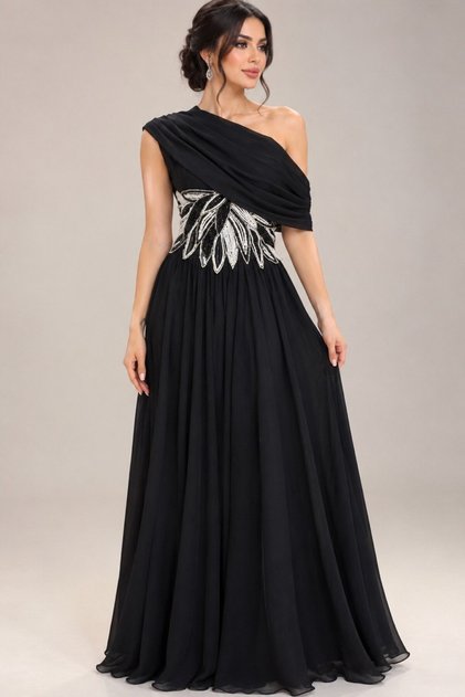 Luxury Black One Shoulder Evening Dress with Leaf Embroidery