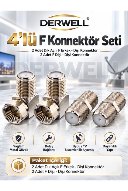 2 Adet L Tipi Konnektör Fiş Rg6 Çevirmeli 90 Derece Tv Uydu Cvtv Sistemlerine Uygun F Konnektör + 2 Adet F/F Anten Uydu Kablosu Ek Aparatı F Dişi Dişi Barrel Birleştirici