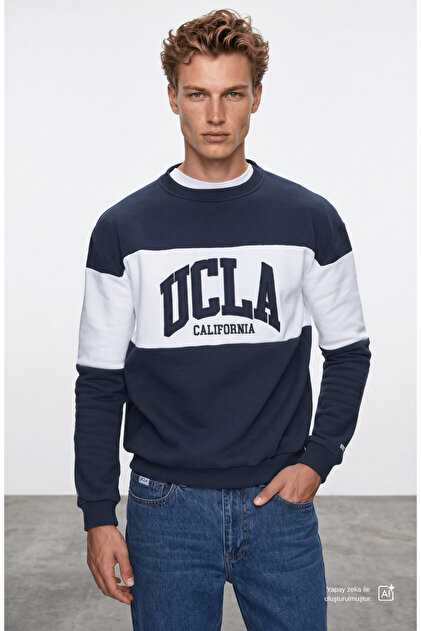 ARCHER Lacivert Bisiklet Yaka Nakışlı Loose Fit Erkek Sweatshirt