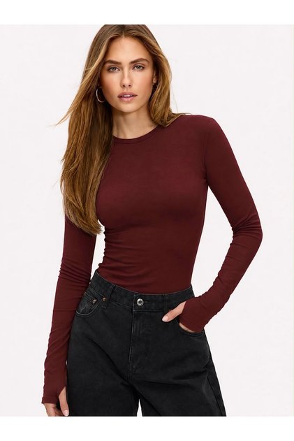Women's 100% Cotton Basic Blouse with Finger Detail and Long Sleeves - Burgundy