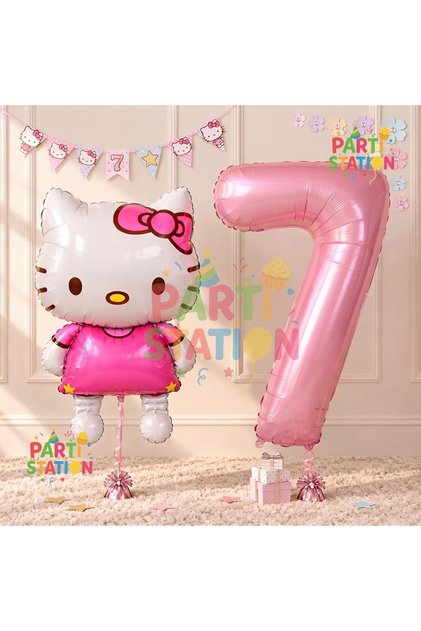7 Year Old Hello Kitty Balloon and Pink Number Birthday Party Set