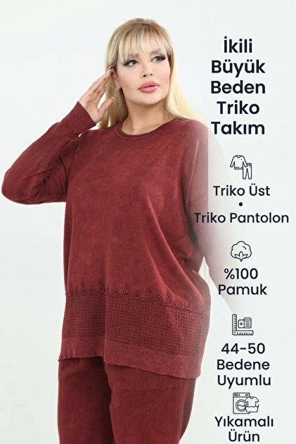 Women's 44 50 Size Matching Knitwear Blouse and Pants 100% Cotton Seasonal Two-Piece Set Special Set Plus Size Mother - Washable 44 50 Size Matching Textured