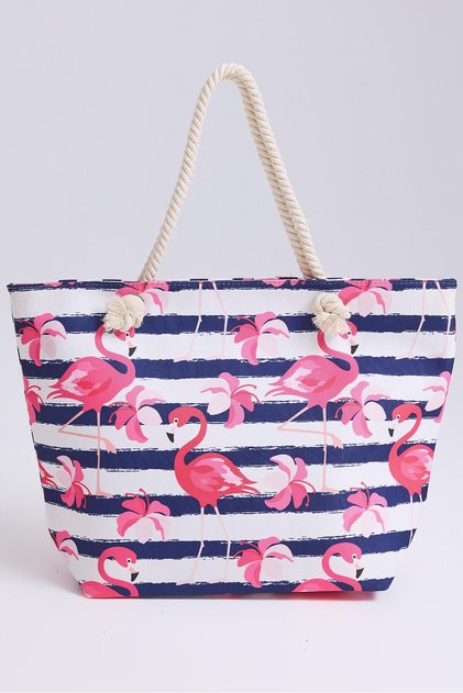 Navy Blue Woven Fabric Flamingo Patterned Wide Form Beach Bag with Zipper and Rope Strap Detail