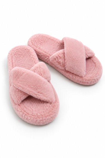 Pink Fluffy Textured Open-Front Flexible Non-Slip Sole Cross-Strapped Home Slippers