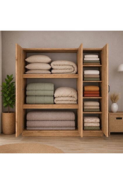 %100 MDF Yüklük - 3 Kapaklı Yatak Dolabı - Atlantik Çam