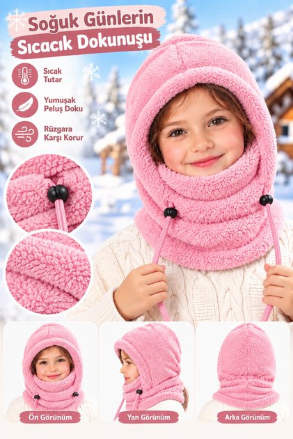 Kids-Wig Çocuk Kapşonlu Peluş Bere Atkı Polar Welsoft Boyunluk Şalı Rüzgar Geçirmez Şapka