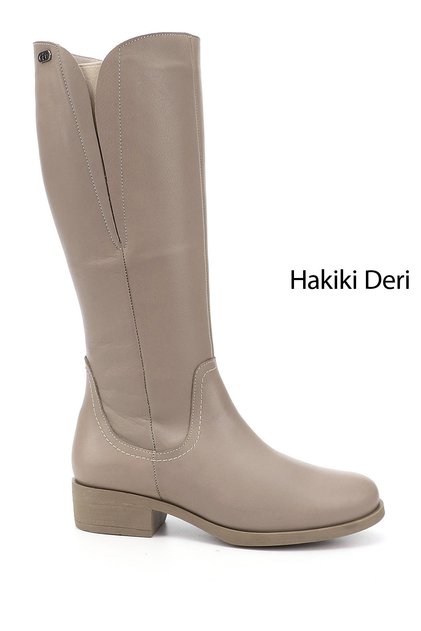 Women's Beige Zippered Thick Heeled Genuine Leather Boots