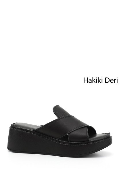Women's Black Wedge Sole Genuine Leather Slippers