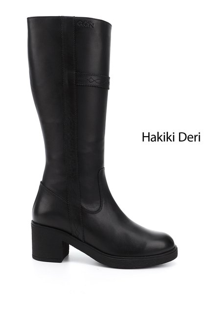 Women's Black Zippered Thick Heeled Genuine Leather Boots