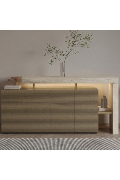 Beliz LED Işıklı Modern Konsol – 170 cm, 4 Kapaklı ve İç Raflı Depolama, Şık Tasarım, Traverten/Sıcak Meşe