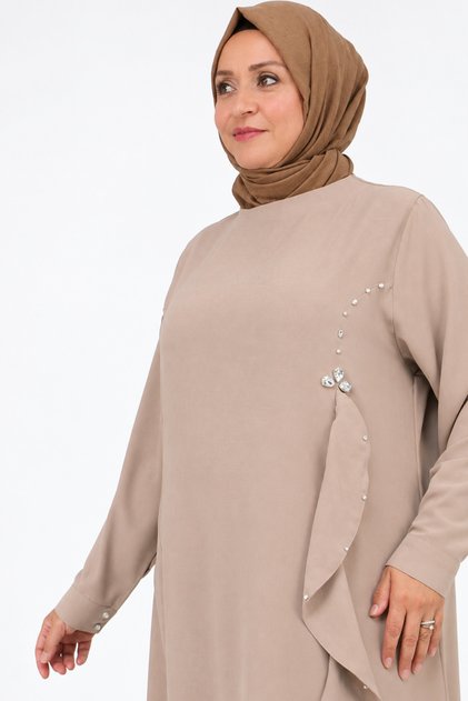52016 Plus Size Crepe Dress with Ruffles on the Front and Stone Detail - Beige