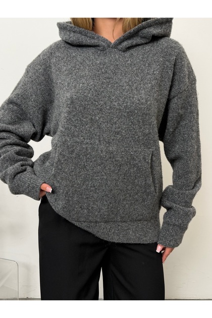 Women's Anthracite Wool Oversize Hooded Knitwear Sweatshirt-Premium Quality