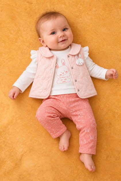 Rocha Baby Girl Pink Rabbit Printed Quilted Vest 3-Piece Set - Ruffled Cotton Set