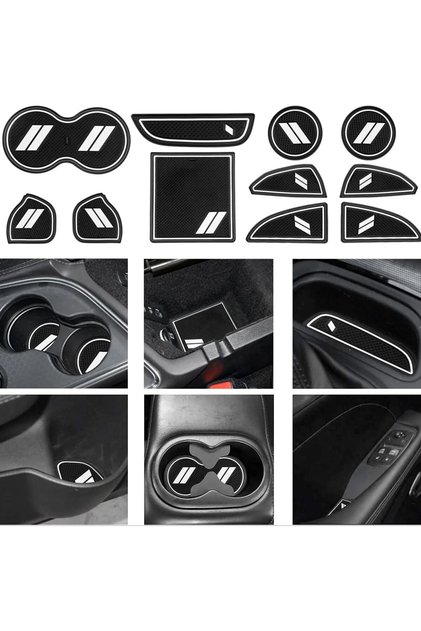 Rubber WHITE White Rubber Vehicle Mat for Dodge Challenger - 11pcs Cup Holder, Center Console Shifte