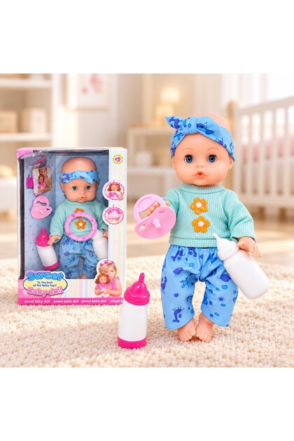 Papusa Bebelus Sweet Baby Doll cu accesorii, sunete, care bea si elimina lichidele, albastru