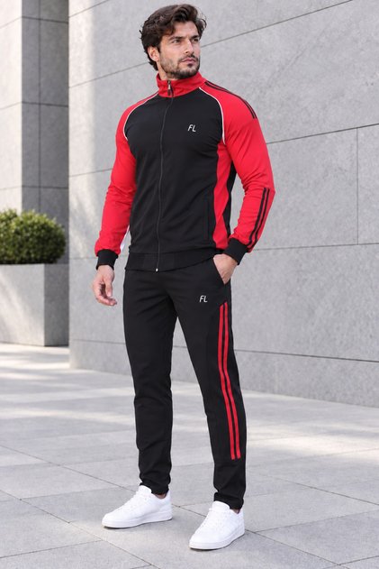 Men'S, Black-Red Diving Fabric Zippered Top and Bottom Tracksuit Set