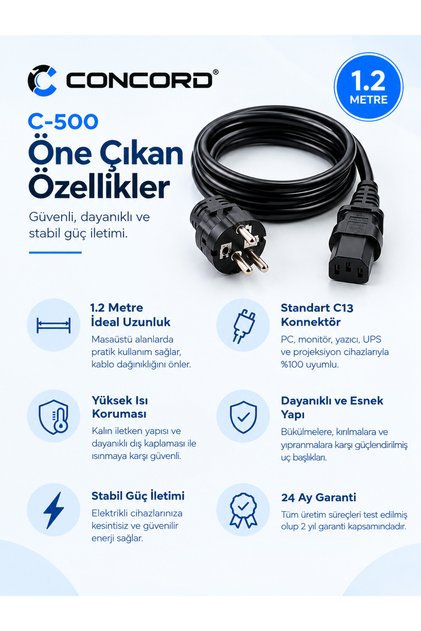 C-500 1.2m Pc and Monitor Power Cable – Black Standard Case Cable 2 Years Warranty