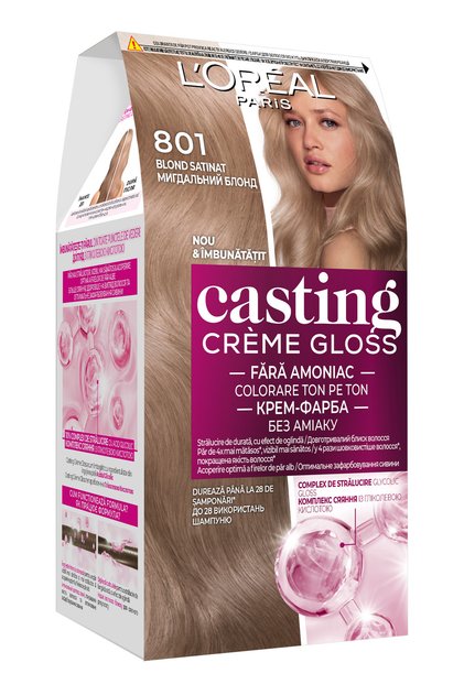 Vopsea de par semi-permanenta fara amoniac L'Oreal Paris Casting Creme Gloss 801 Blond Satinat, contine acid glicolic, culoare naturala si stralucitoare, 180 ml