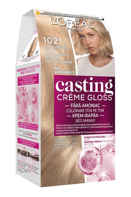 Vopsea de par semi-permanenta fara amoniac L'Oreal Paris Casting Creme Gloss 1021 Blond Deschis Perlat, contine acid glicolic, culoare naturala si stralucitoare, 180 ml