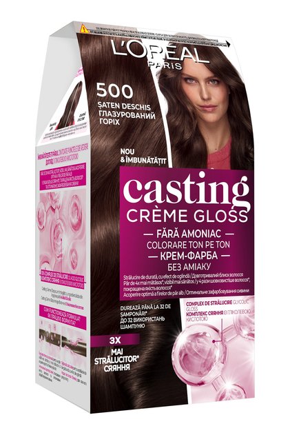 Vopsea de par semi-permanenta fara amoniac L'Oreal Paris Casting Creme Gloss 500 Saten Deschis, contine acid glicolic, culoare naturala si stralucitoare, 180 ml