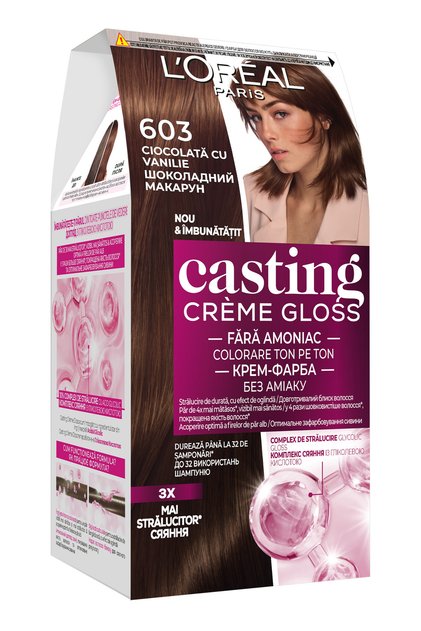 Vopsea de par semi-permanenta fara amoniac L'Oreal Paris Casting Creme Gloss 603 Ciocolata cu Vanilie, contine acid glicolic, culoare naturala si stralucitoare, 180 ml