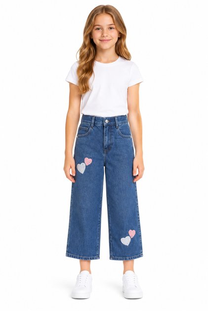 Heart Embroidered Girls' Blue Jeans 6200