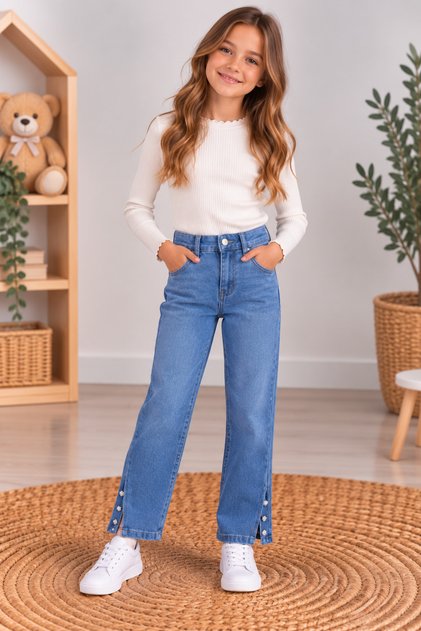Girl's Dark Blue Jeans with Slits and Stones on the Legs 2170