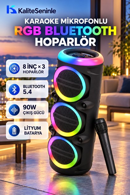 Siyah Işıklı Büyük Boy Party Box Bluetooth Hoparlör Taşınabilir Şarjlı Ses Sistemi RADYOLU Karaoke