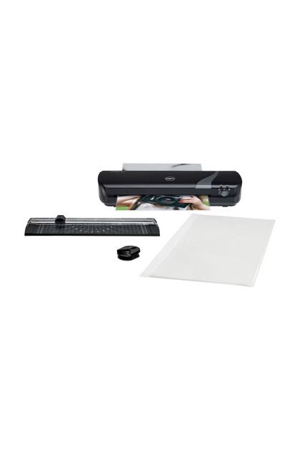 SET DE CREAȚIE NEGRU 4-ÎN-1, LAMINATOR INSPIRE+ A4, TRIMMER, APARAT DE ROTUNGIRAT, FOI DE LAMINARE A4