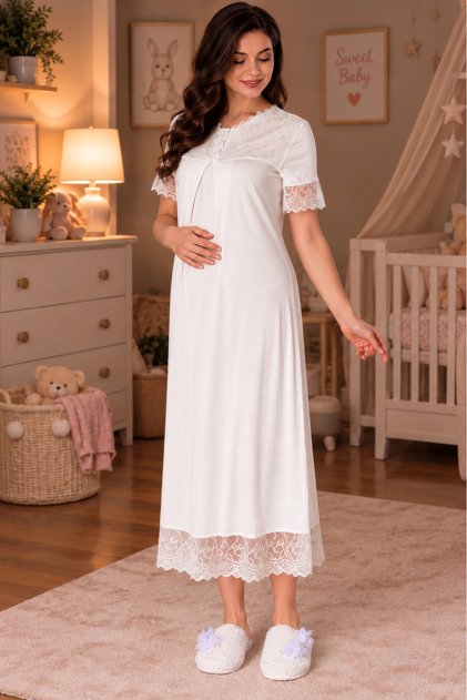 Cotton Comfortable Cut Maternity Nightgown with Breastfeeding Feature Effortt - Ecru
