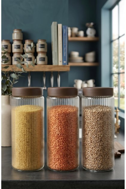 Set of 3 1500 ml Striped Glass Jars | Plastic Cover | Food and Grain Storage Container | Kitchen Organizer