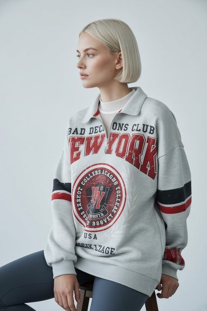 Kadın Oversize Fermuar Kapamalı İçi Şardonlu Sweat