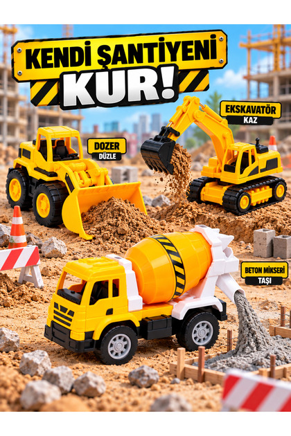3’lü Büyük Boy İş Makinesi Seti Dozer - Ekskavatör Kepçe - Beton Mikseri Oyuncak İnşaat Araçları Seti